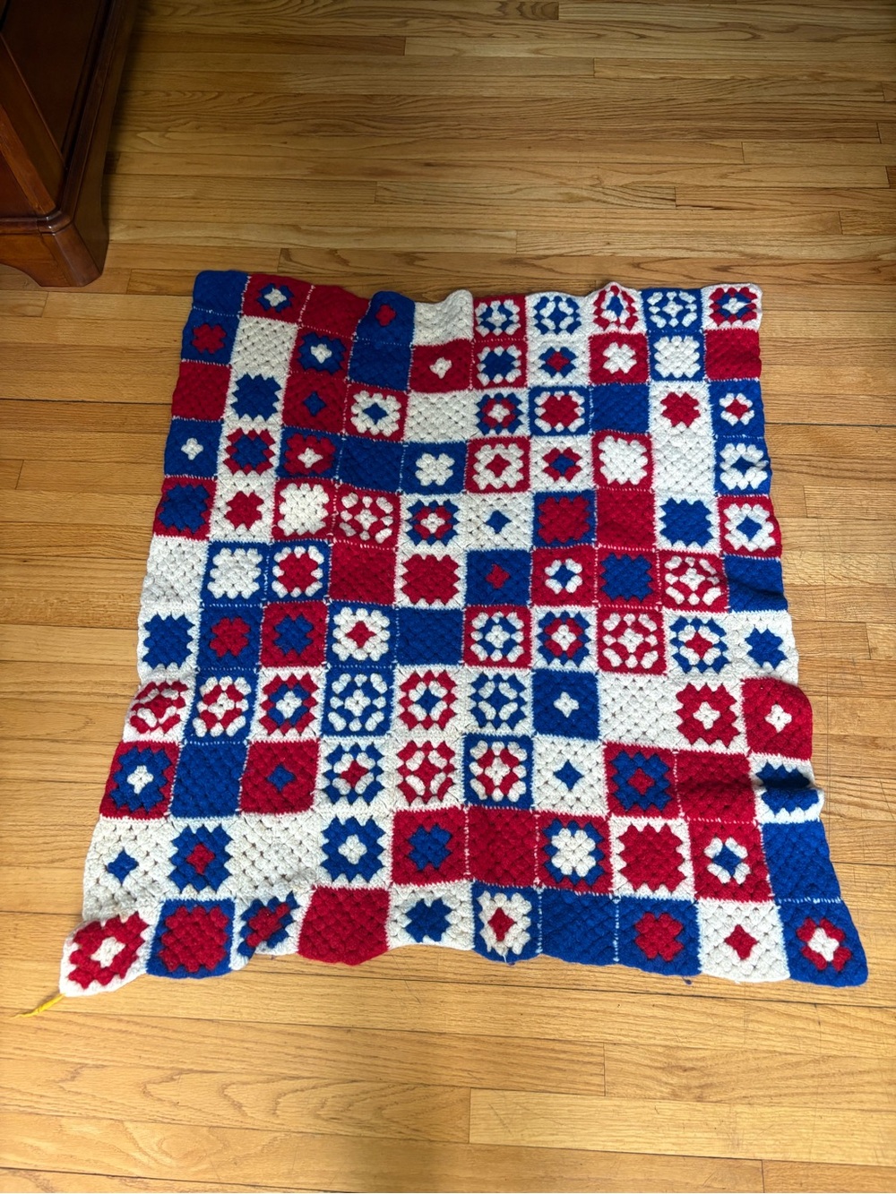 VTG MCM Red White & Blue Cottagecore Granny Square Knitted Throw OS